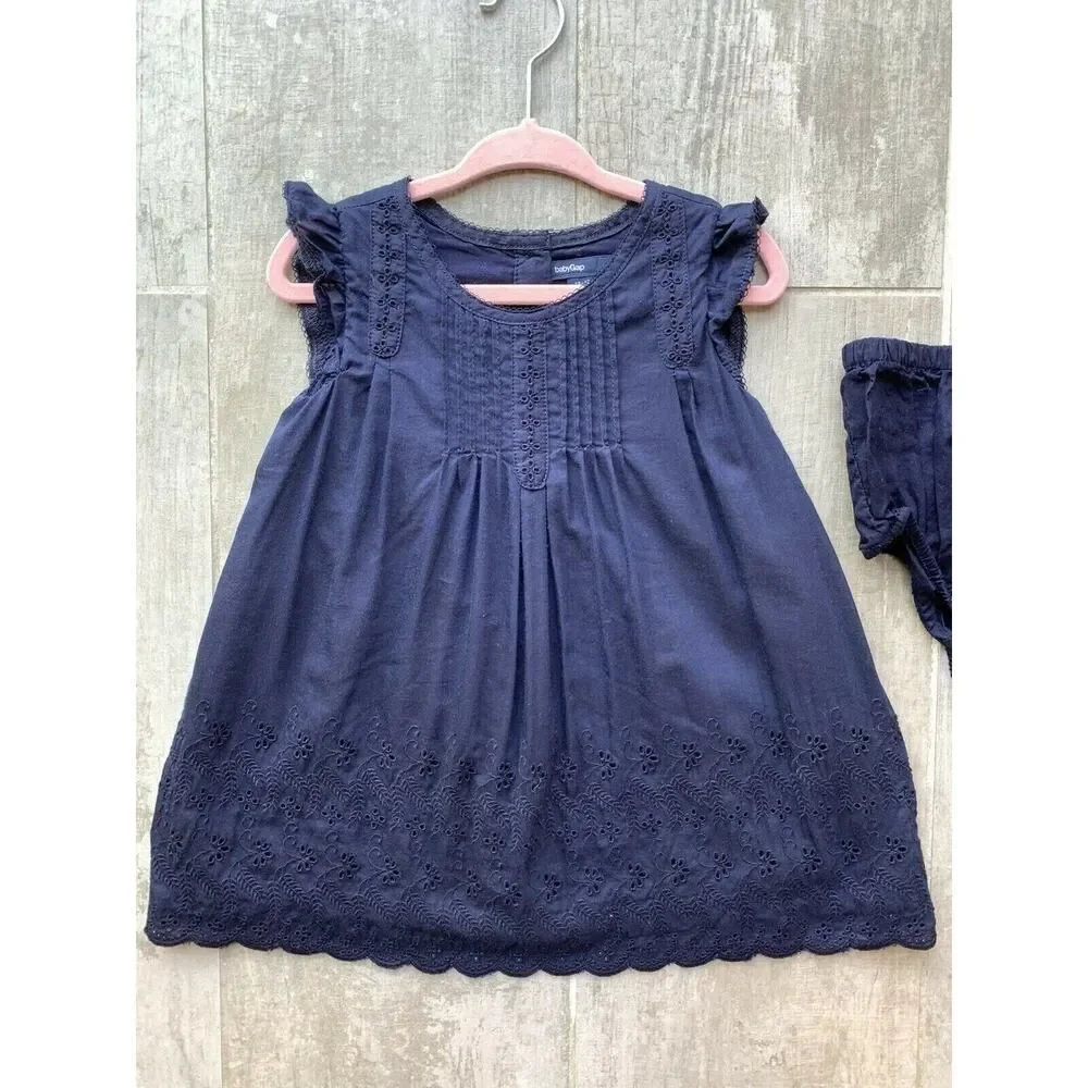 BABY GAP Girls Navy Blue Sleeveless Dress & Bloomers Outfit Set Eyelet 12-18M